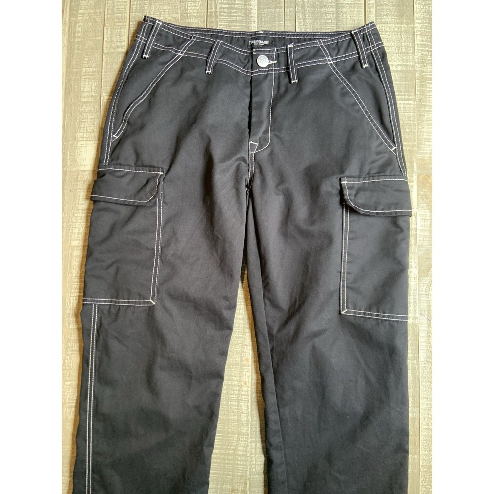 True Religion Baggy Cargo Black Straight Leg Contrast Stitch Pants Mens Size 30 - Picture 4 of 12